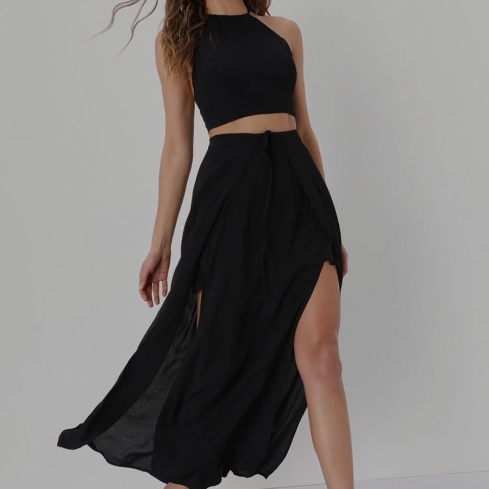 Lulus Run the Summer Black Two Piece Halter Maxi Dress. XS